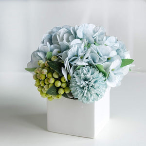 Fake Flowers in Ceramic Vase,Faux Hydrangea Flower Arrangements for Home Decor Artificial Flowers with Vase