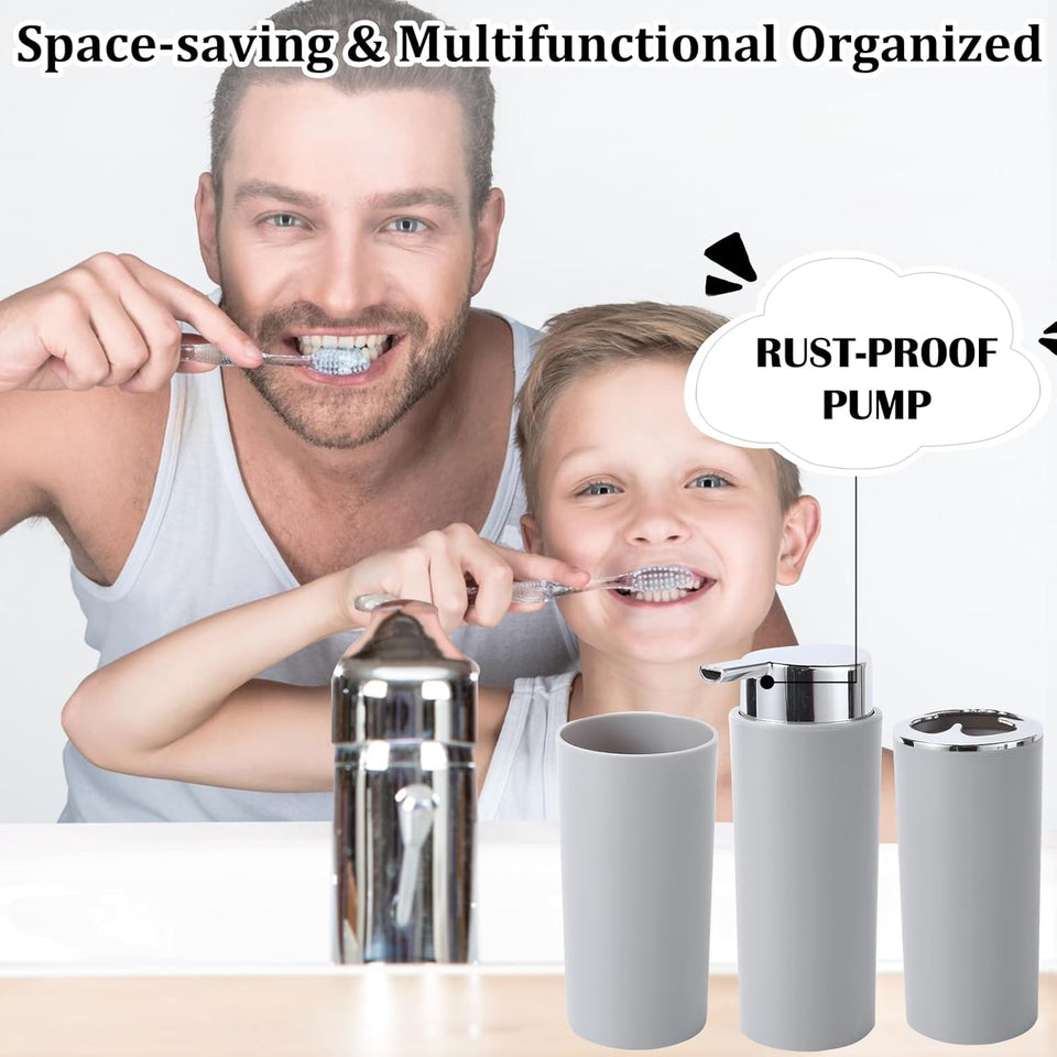 Bathroom Accessories Set Grey Bathroom Set with Trash Can, Toothbrush Holder Soap Dispenser Soap and Lotion Set Tumbler Cup Qtip Holder