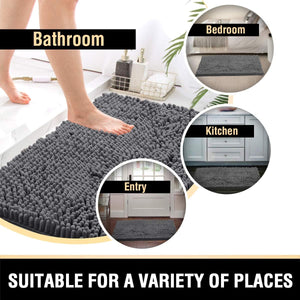 Bath Mats - Non Slip Luxury Chenille Bathroom Rugs, Extra Soft Absorbent Shaggy, Washable Fast Dry 2 Piece (Grey, 24" X 36"/20" X 32")
