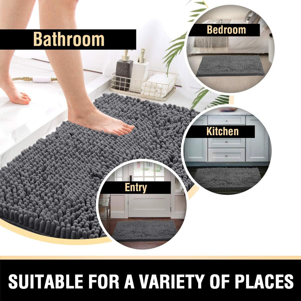 Bath Mats - Non Slip Luxury Chenille Bathroom Rugs, Extra Soft Absorbent Shaggy, Washable Fast Dry 2 Piece (Grey, 24" X 36"/20" X 32")