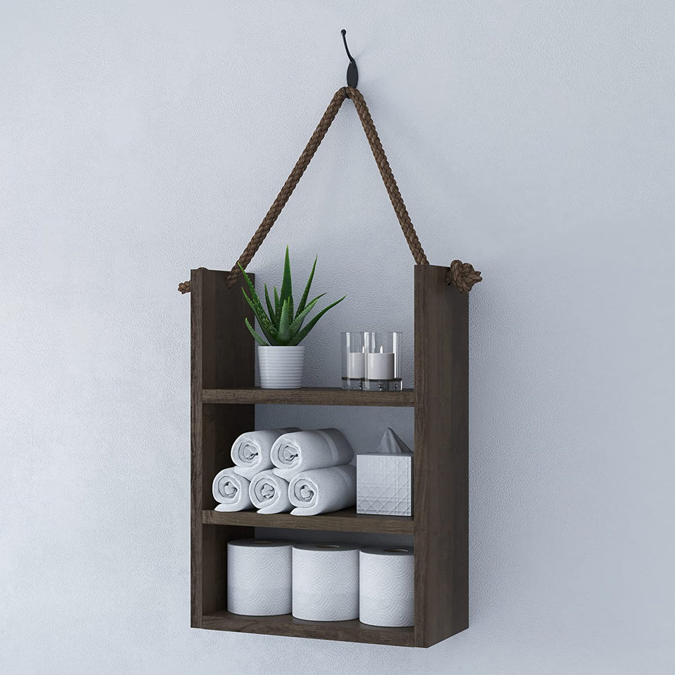 SFC Rustic Wood Bathroom Shelf over Toilet, Wall Mounted, Ladder Style Rope Hanging Shelf (Large)