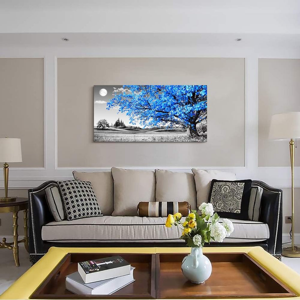Large Wall Art for Living Room Blue Moon Tree Landscape Abstract Painting Office Bedroom Wall Decor 30" X 60" Single Pieces Canvas Prints Ready to Hang for Home Decoration Black and White Works of Art