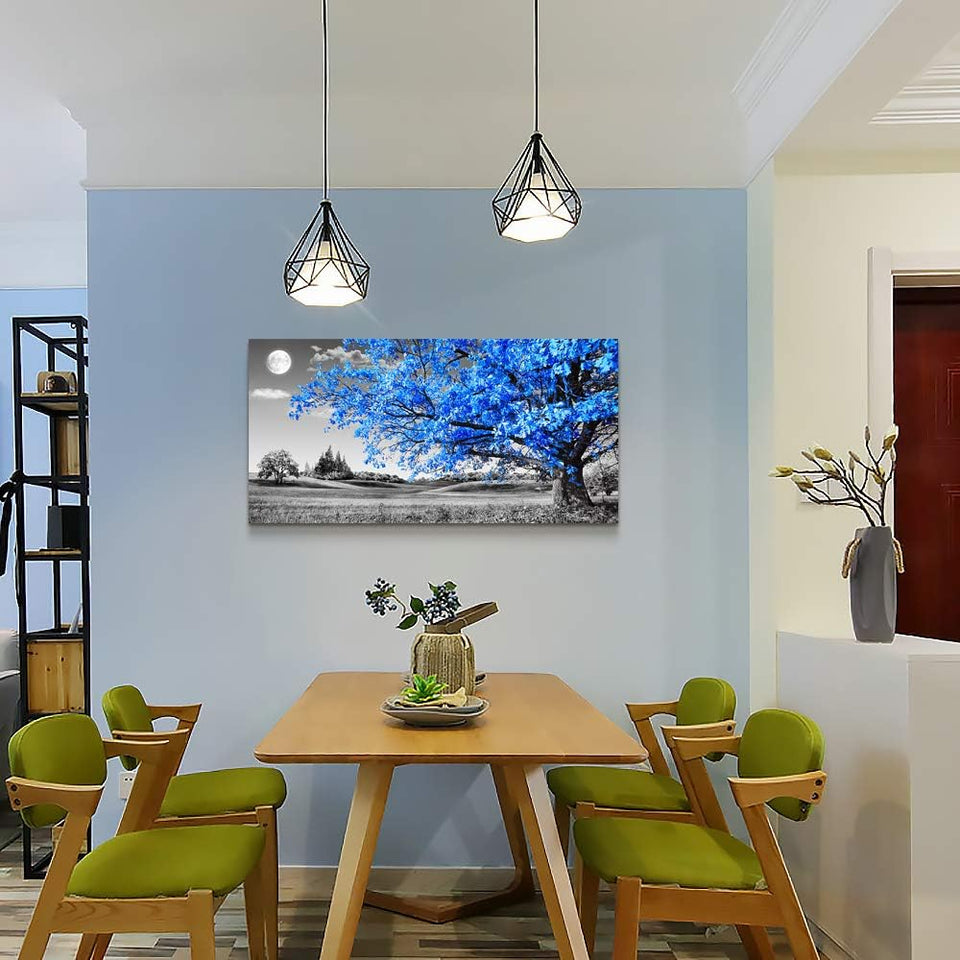 Large Wall Art for Living Room Blue Moon Tree Landscape Abstract Painting Office Bedroom Wall Decor 30" X 60" Single Pieces Canvas Prints Ready to Hang for Home Decoration Black and White Works of Art