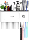 Toothbrush Holder Wall Mounted, Toothpaste Dispenser for Bathrooms Automatic Electric Tooth Pastetooth Dispenser Squeezer Accessories Set for Kids, Toothbrush Organizer Rack with Magnetic Cup , Grey