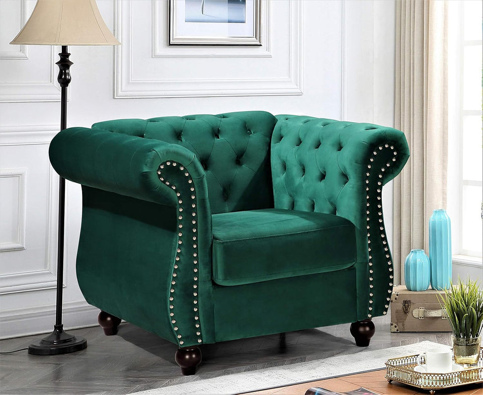 Feinstein Modern Velvet Chesterfield Couches for Living Room with Nailheads, Diamond Tufting & Durable Metal Frame, Chair, Loveseat & Sofa, Green