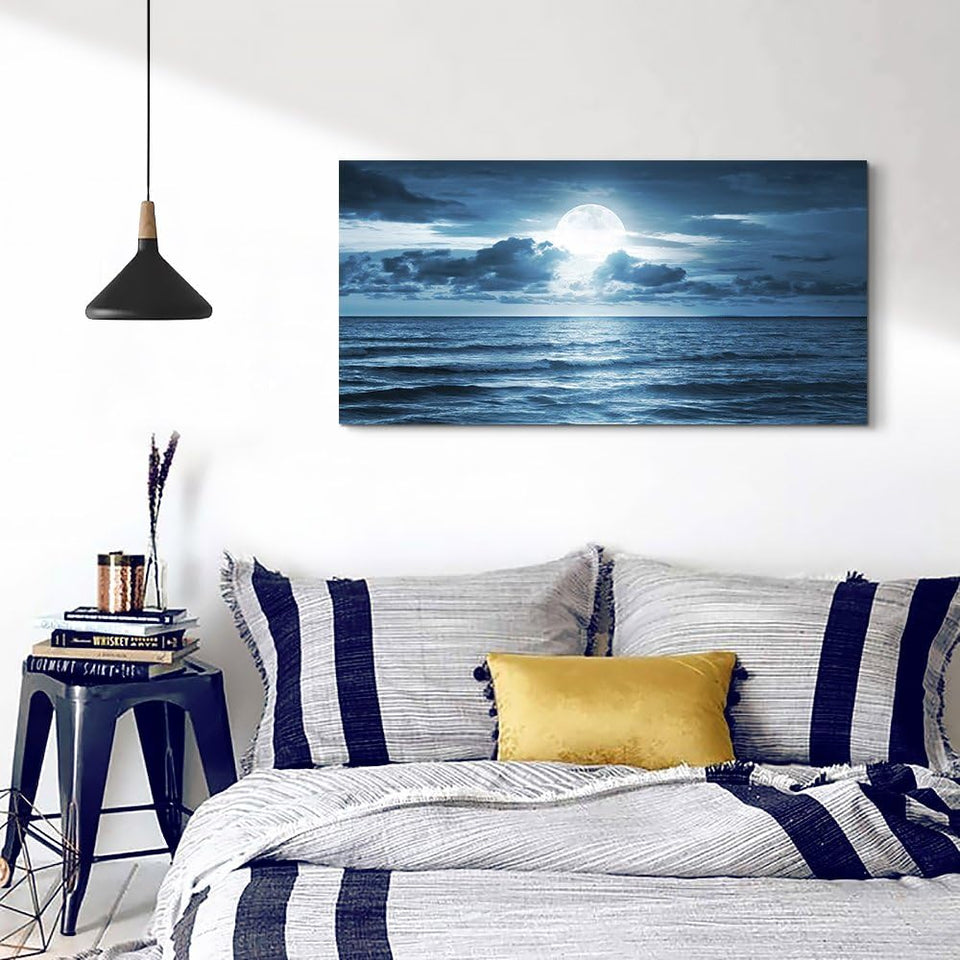 Canvas Wall Art for Living Room Decorations Photo Prints - Blue Sea View the Moon Landscape - Large Modern Home Decor Room Stretched and Framed Ready to Hang Picture Artwork (20 X 40Inch X 1Pcs)