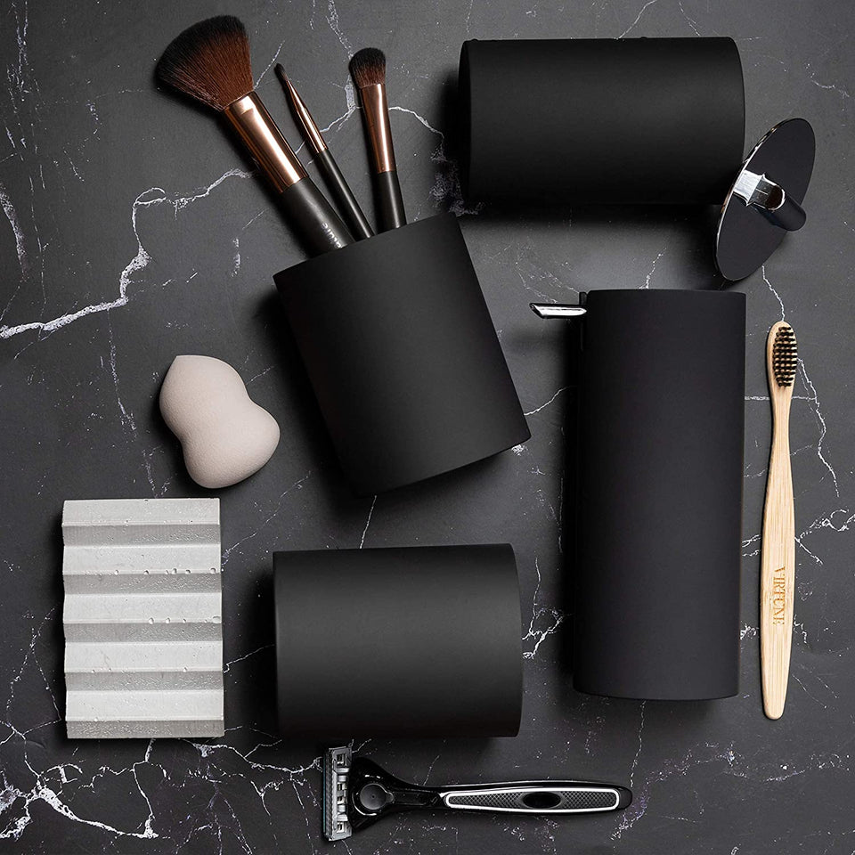 Sleek Matte Black Bathroom Accessory Set 4 Pcs Complete Bathroom Set Modern Bathroom Decor Bathroom Organizer Accesorios Para Baños Toothbrush Holder Soap Dispenser Set Home Decor Clearance