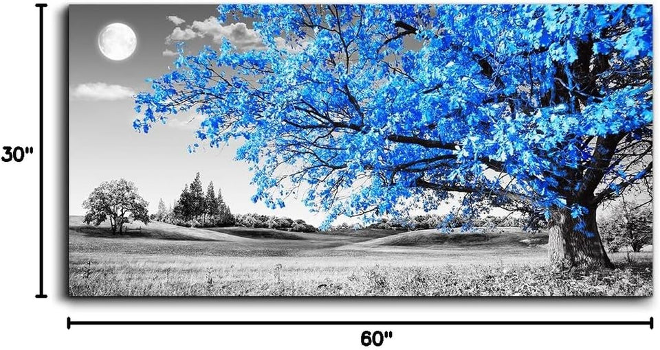 Large Wall Art for Living Room Blue Moon Tree Landscape Abstract Painting Office Bedroom Wall Decor 30" X 60" Single Pieces Canvas Prints Ready to Hang for Home Decoration Black and White Works of Art