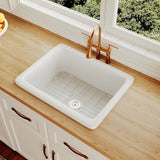24" L X 19" W Rectangular White Fireclay Undermount Kitchen Sink with Basket Strainer and Sink Grid