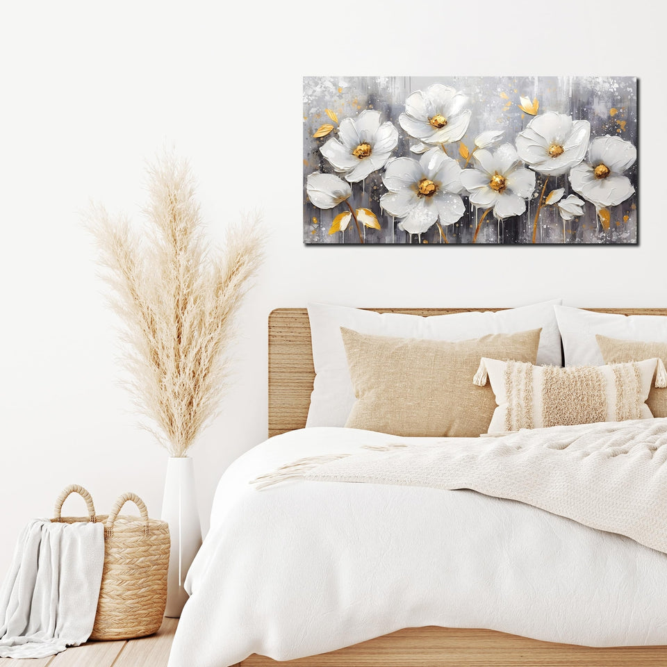 Flower Wall Art for Bedroom -White Wall Decor - Gold Wall Art for Living Room...