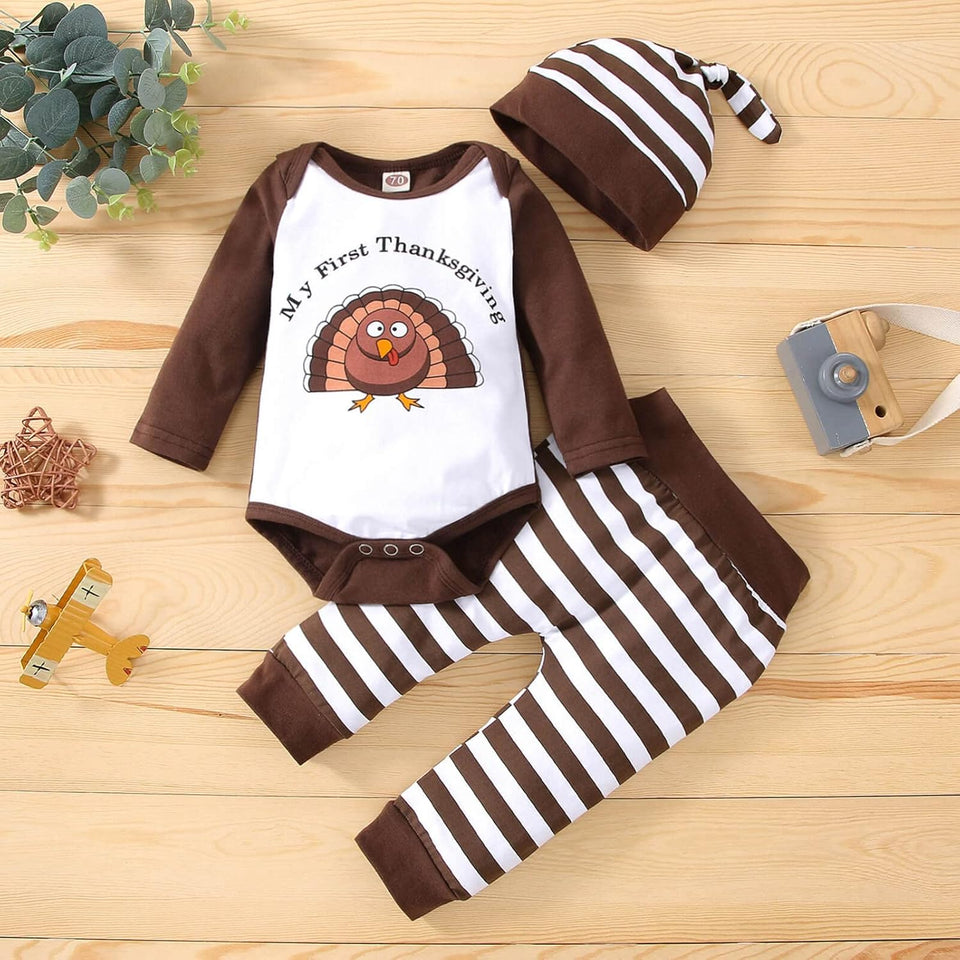 Newborn Infant Baby Boy Girl Thanksgiving Outfits My First Thanksgiving Romper Bodysuits Striped Turkey Pants Clothes Set