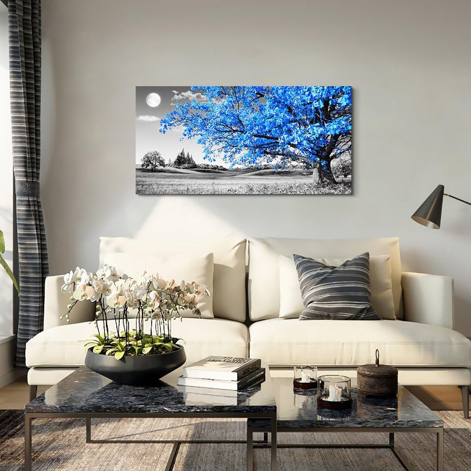 Large Wall Art for Living Room Blue Moon Tree Landscape Abstract Painting Office Bedroom Wall Decor 30" X 60" Single Pieces Canvas Prints Ready to Hang for Home Decoration Black and White Works of Art
