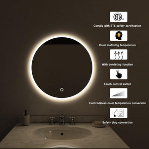 round LED Bathroom Mirror for Wall L 32 Inch LED Lighted Bathroom Mirrors, Anti-Fog Lighted Bathroom Mirrors for Wall, Waterproof Backlit Mirror Bathroom, Memory Touch