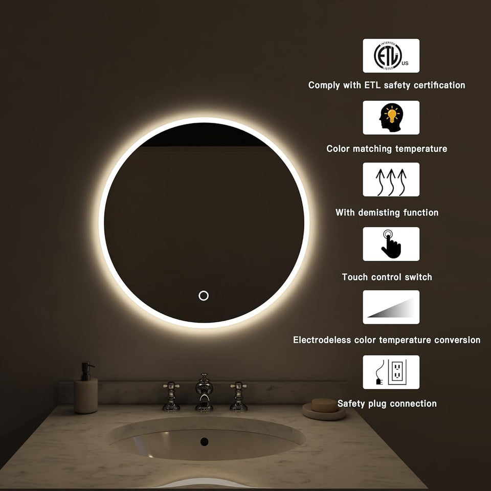 round LED Bathroom Mirror for Wall L 32 Inch LED Lighted Bathroom Mirrors, Anti-Fog Lighted Bathroom Mirrors for Wall, Waterproof Backlit Mirror Bathroom, Memory Touch