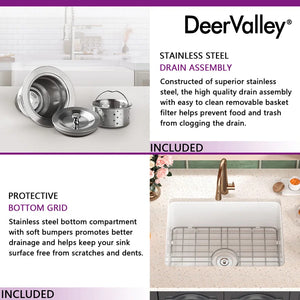 24" L X 19" W Rectangular White Fireclay Undermount Kitchen Sink with Basket Strainer and Sink Grid