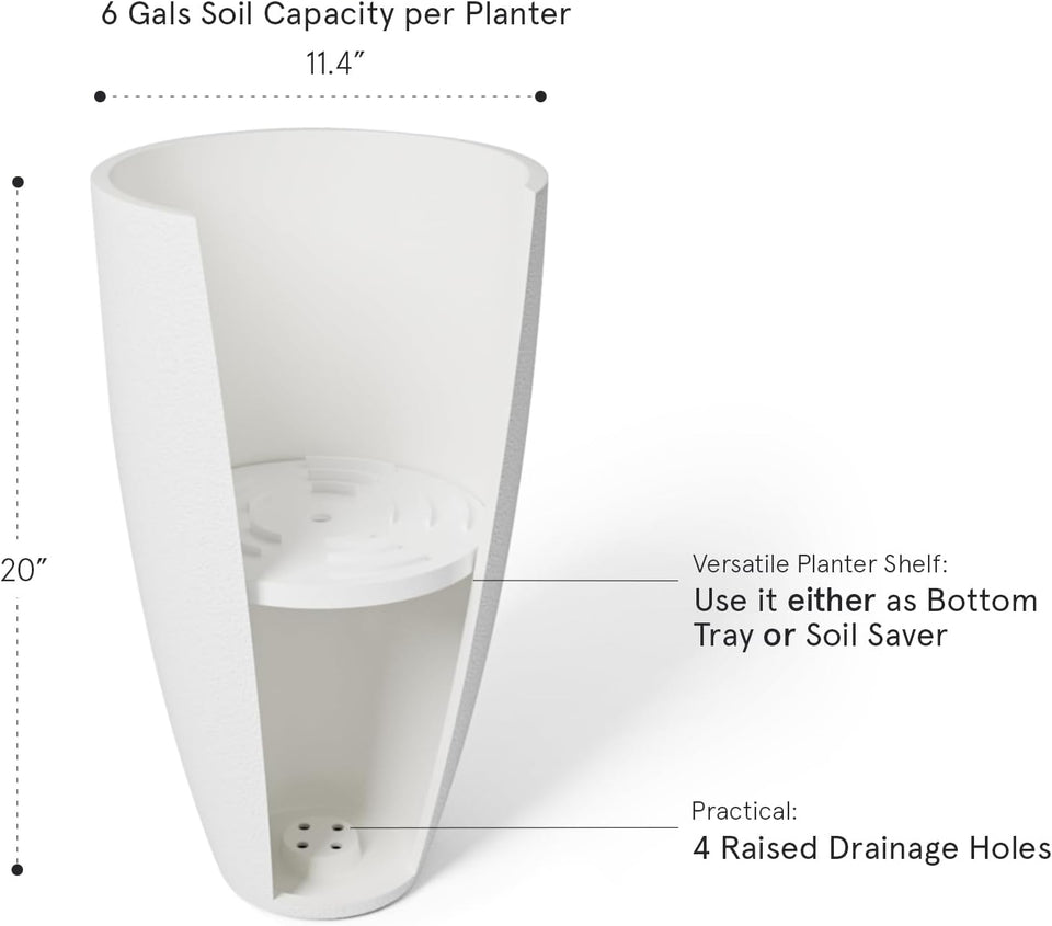 20 Inch round Tall Planter,Indoor/Outdoor White Planter with Drainage Holes and Trays,Modern Large Flower Pot for Front Door,Balcony and Garden Patio Deck,Pack 1