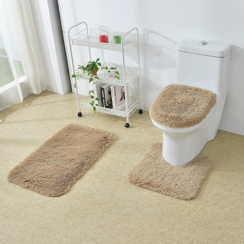 2Pc/3Pc Fluffy Bathroom Rugs Shaggy Bathroom Rugs Sets 2 Piece Bathroom Rugs Sets 3 Piece Toilet Lid Bathroom Decor Set Soft & Washable(3Pc Set, Taupe)