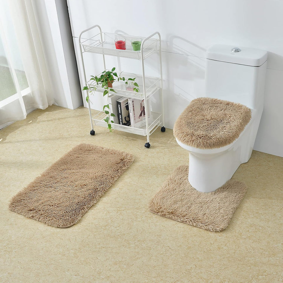 2Pc/3Pc Fluffy Bathroom Rugs Shaggy Bathroom Rugs Sets 2 Piece Bathroom Rugs Sets 3 Piece Toilet Lid Bathroom Decor Set Soft & Washable(3Pc Set, Taupe)