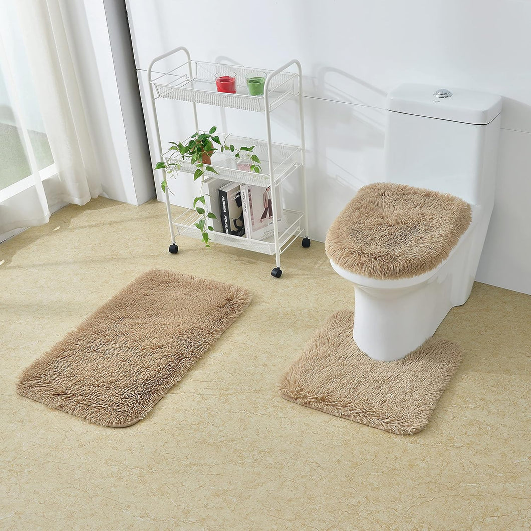2Pc/3Pc Fluffy Bathroom Rugs Shaggy Bathroom Rugs Sets 2 Piece Bathroom Rugs Sets 3 Piece Toilet Lid Bathroom Decor Set Soft & Washable(3Pc Set, Taupe)