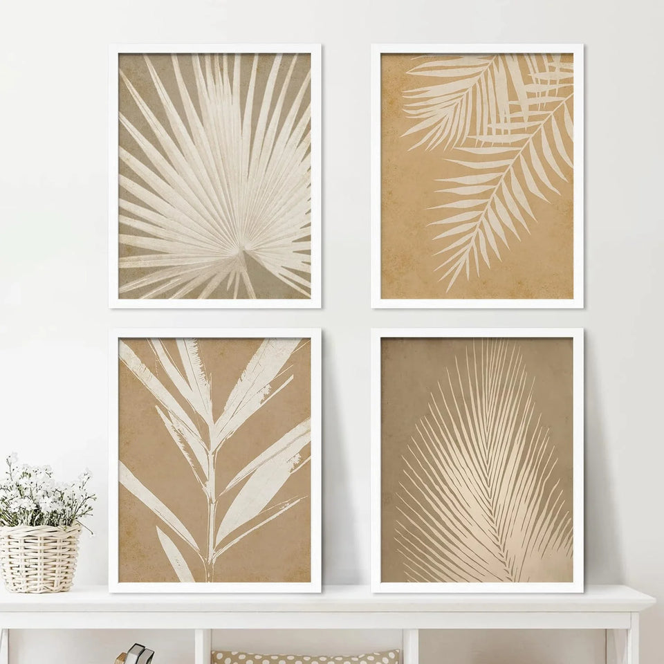 Framed Wall Art Grunge Brown Tropical Island Leaf Posters, Set of 4 Nature Wilderness Wall Decor Prints, Botanical Floral Wall Décor, Adhesive Canvas Print for Bedroom - 11"X14" White