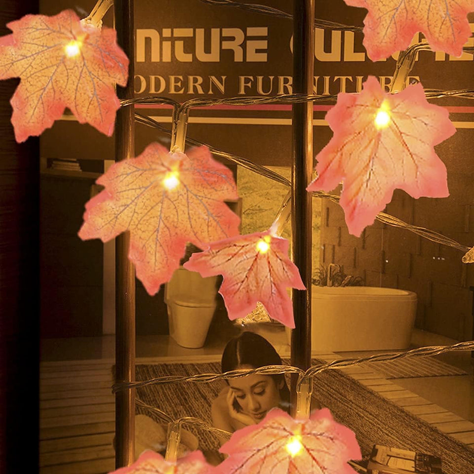 Thanksgiving Maple Leaf String Lights-2Strings/Box 15Ft 40Fairy Thanksgiving Lights-Waterproof Battery Box-8 Modes Golden Maple Lighted –Thanksgiving Decoration for Home Indoor Autumn