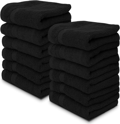 Luxury Cotton Washcloths 13X13 Inch - 650 GSM Turkish Cotton | Hotel, Spa, Bathroom Face Towel | 12 Pack, Black