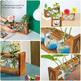 Glass Plant Terrarium - 3 Bulbs Propagation Station with Retro Wood Stand Indoor Garden Planter, Bulb Vase & Desktop Decor for Home Kitchen Wedding, Gift for Women & Plant Lover