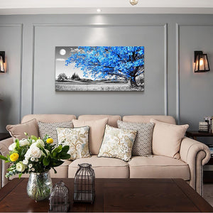 Large Wall Art for Living Room Blue Moon Tree Landscape Abstract Painting Office Bedroom Wall Decor 30" X 60" Single Pieces Canvas Prints Ready to Hang for Home Decoration Black and White Works of Art