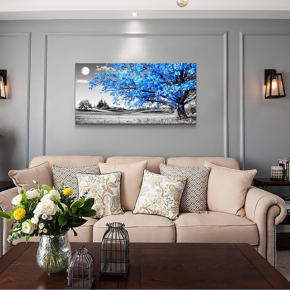 Large Wall Art for Living Room Blue Moon Tree Landscape Abstract Painting Office Bedroom Wall Decor 30" X 60" Single Pieces Canvas Prints Ready to Hang for Home Decoration Black and White Works of Art