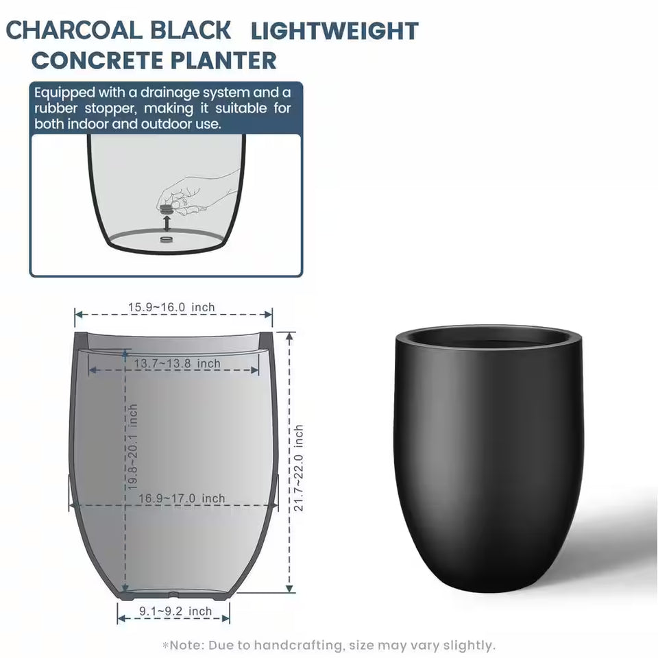 Lightweight 16In. X 22In. Charcoal Black Extra Large Tall round Concrete Plant Pot/Planter for Indoor & Outdoor