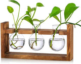 Glass Plant Terrarium - 3 Bulbs Propagation Station with Retro Wood Stand Indoor Garden Planter, Bulb Vase & Desktop Decor for Home Kitchen Wedding, Gift for Women & Plant Lover
