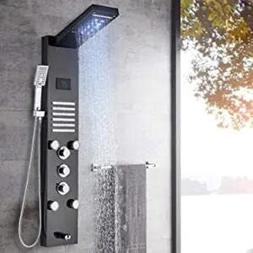 LED Light Shower Panel Tower System Stainless Steel LED Rainfall Waterfall Shower Head Hydroelectricity Display Massage Spray with Hand Shower Black Shower Tower Wall Mount Shower Panels