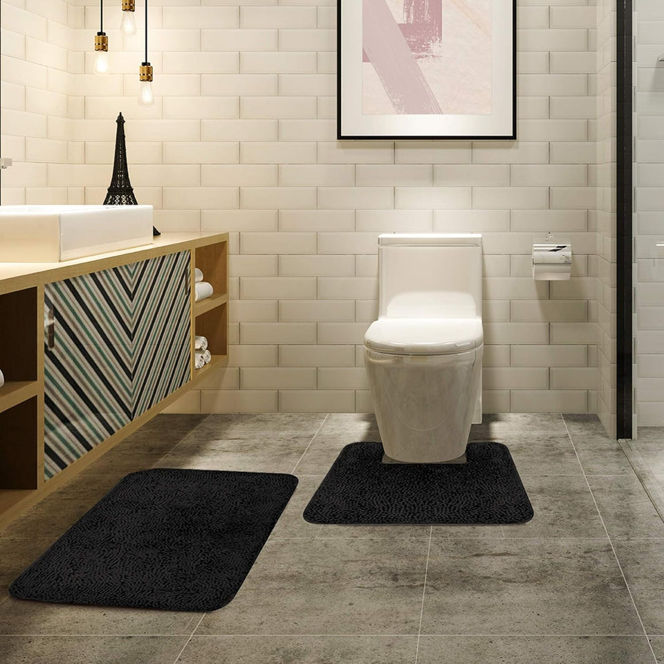 Chenille Grey Bathroom Rug Set - 2 Piece U Shaped Toilet Mats