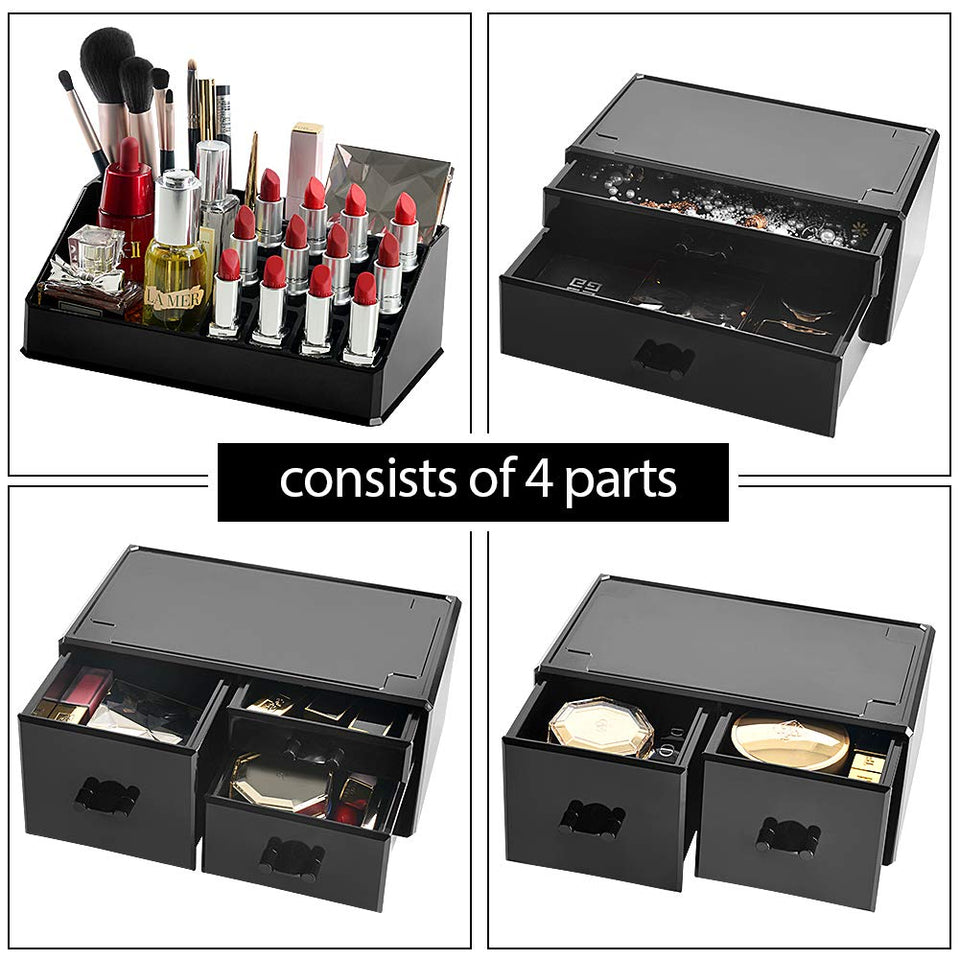 Innsweet Acrylic Cosmetic Organizer Beauty Storage Drawers, Large Makeup Storage Boxes Jewelry Display Cases with 7 Drawers, 4 Piece, Black