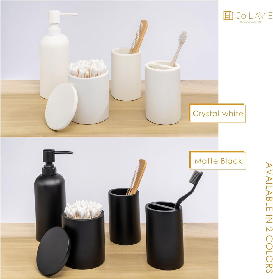Black Bathroom Accessories Set – 4-Piece Matte Resin Vanity Organizer with Toothbrush Holder, Soap Dispenser, Tumbler & Cotton Swab Jar, Modern Countertop Decor for Guest Bathrooms