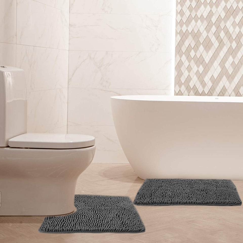 Chenille Grey Bathroom Rug Set - 2 Piece U Shaped Toilet Mats