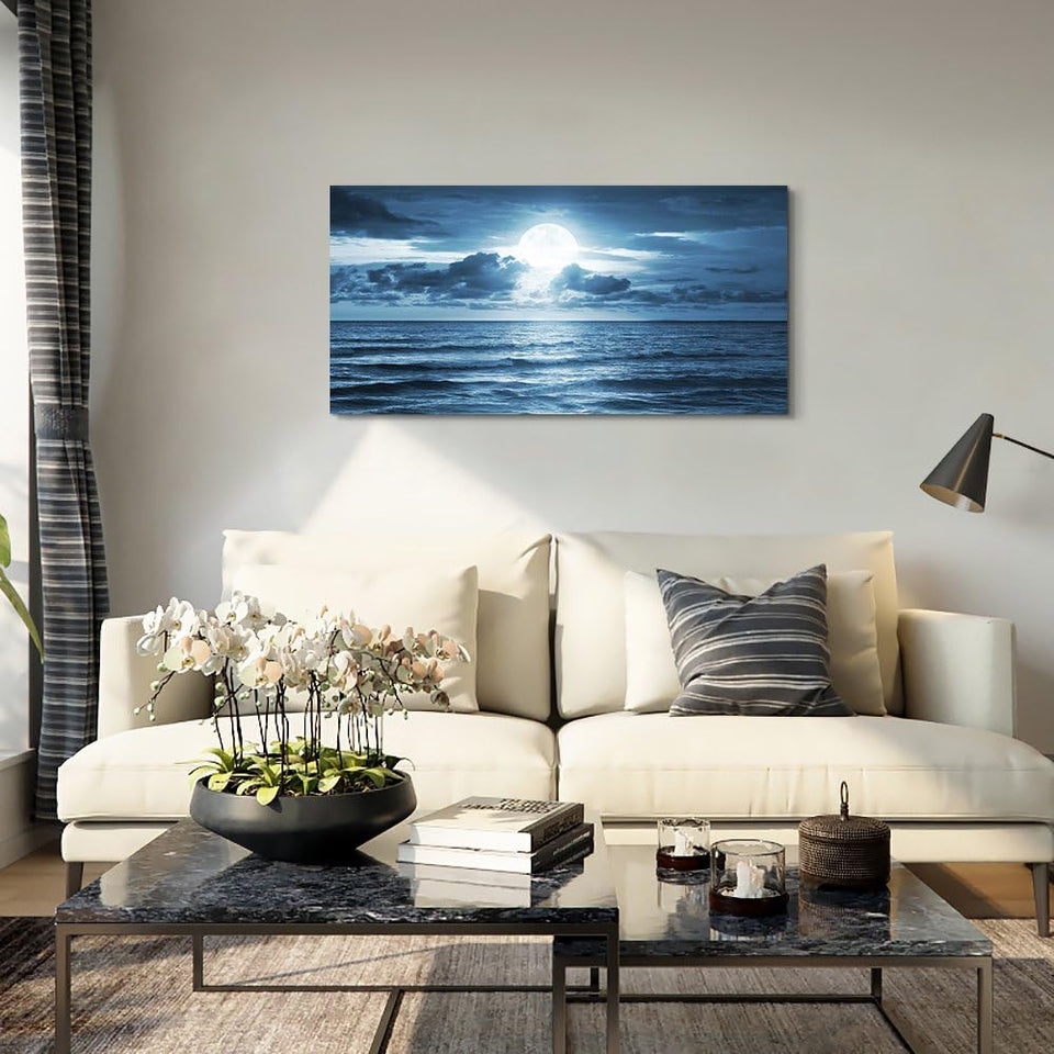 Canvas Wall Art for Living Room Decorations Photo Prints - Blue Sea View the Moon Landscape - Large Modern Home Decor Room Stretched and Framed Ready to Hang Picture Artwork (20 X 40Inch X 1Pcs)