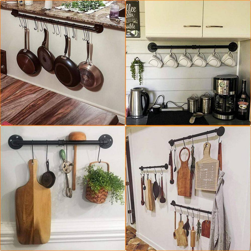 31.5 In. Black Wall Mounted Pot Rack with 14-Hooks, Detachable Pan Lid Utensils Organizer, Hanging Pot Rack Rail