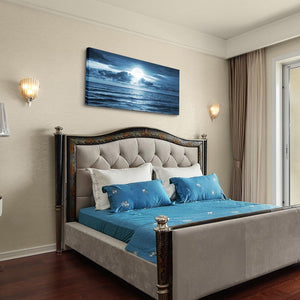 Canvas Wall Art for Living Room Decorations Photo Prints - Blue Sea View the Moon Landscape - Large Modern Home Decor Room Stretched and Framed Ready to Hang Picture Artwork (20 X 40Inch X 1Pcs)