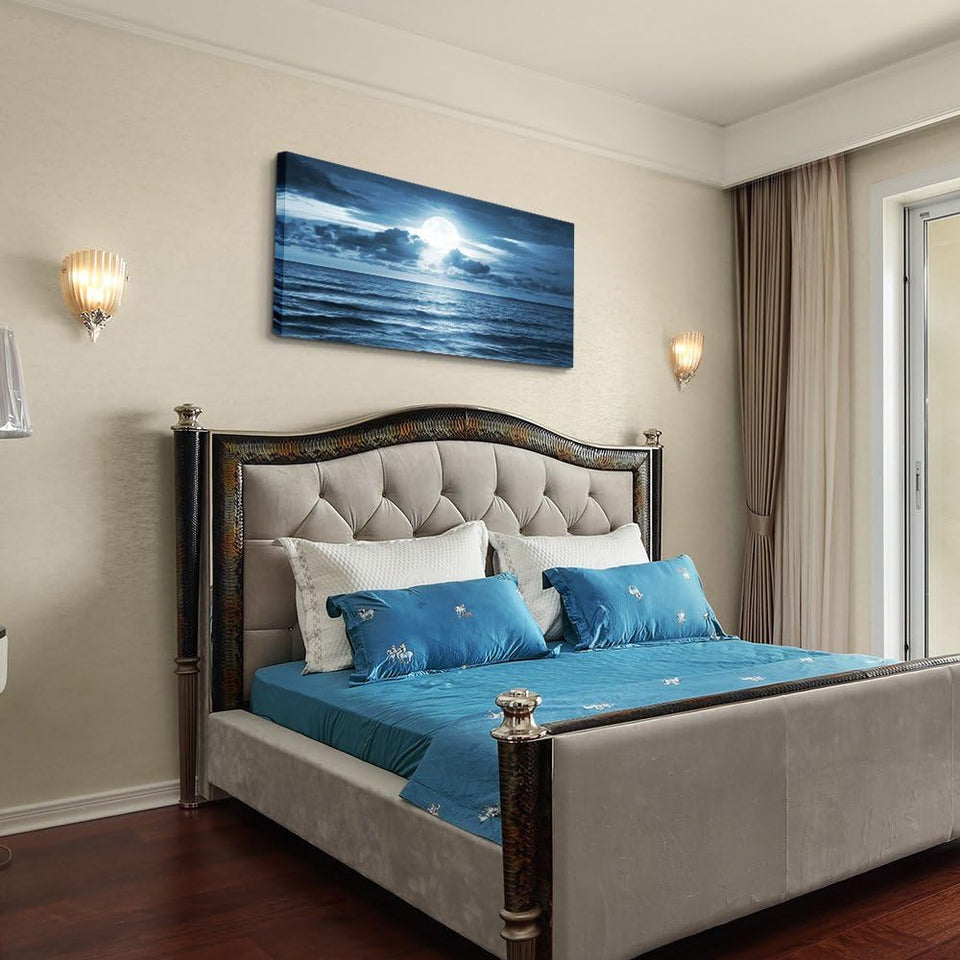 Canvas Wall Art for Living Room Decorations Photo Prints - Blue Sea View the Moon Landscape - Large Modern Home Decor Room Stretched and Framed Ready to Hang Picture Artwork (20 X 40Inch X 1Pcs)