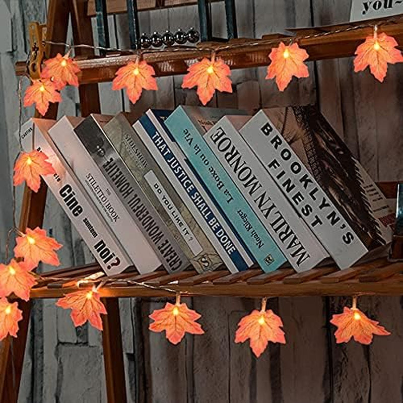 Thanksgiving Maple Leaf String Lights-2Strings/Box 15Ft 40Fairy Thanksgiving Lights-Waterproof Battery Box-8 Modes Golden Maple Lighted –Thanksgiving Decoration for Home Indoor Autumn