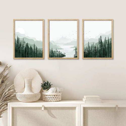 Framed Canvas Print Wall Art Set - Sage Green Mountain Range Pine Tree Forest Art - Set of 3 Nature Wilderness Landscape Wall Décor for Living Room, Bedroom - 12