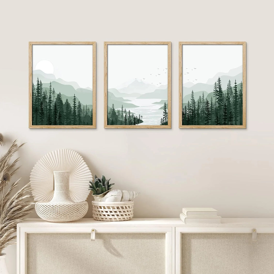 Framed Canvas Print Wall Art Set - Sage Green Mountain Range Pine Tree Forest Art - Set of 3 Nature Wilderness Landscape Wall Décor for Living Room, Bedroom - 12