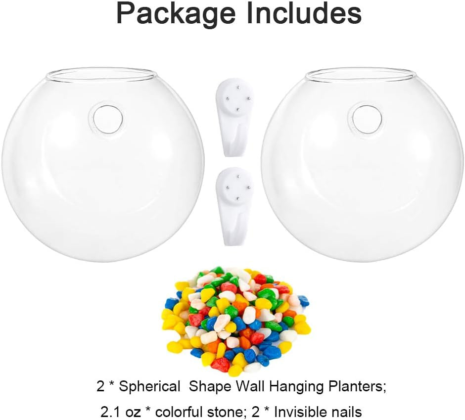 Wall Hanging Glass Planters 2Pcs Spherical Shape Plant Pots Terrarium Container Vase with 2.12 OZ Colorful Stones Indoor Outdoor for Home Garden Office Wedding