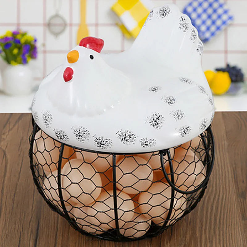 Joylove Ceramic Egg Basket Fruit Basket Garlic Potato Sundries Blue Ceramic Kitchen Decoration Creative Hen Storage Iron Basket