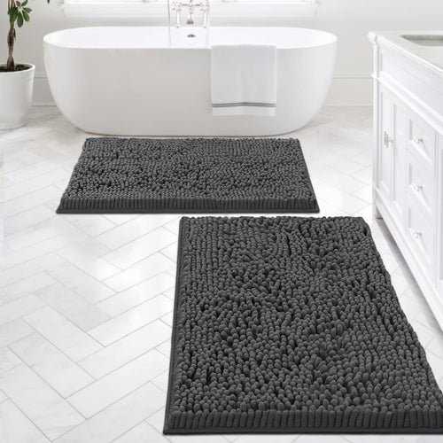 Bath Mats - Non Slip Luxury Chenille Bathroom Rugs, Extra Soft Absorbent Shaggy, Washable Fast Dry 2 Piece (Grey, 24