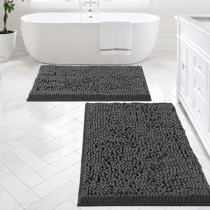 Bath Mats - Non Slip Luxury Chenille Bathroom Rugs, Extra Soft Absorbent Shaggy, Washable Fast Dry 2 Piece (Grey, 24" X 36"/20" X 32")