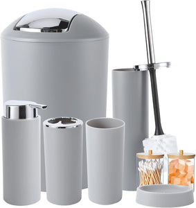 Bathroom Accessories Set Grey Bathroom Set with Trash Can, Toothbrush Holder Soap Dispenser Soap and Lotion Set Tumbler Cup Qtip Holder